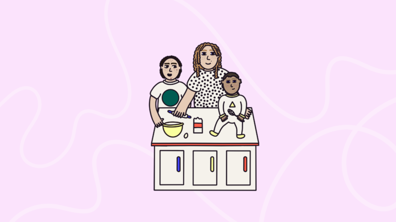 Ilustration of a mother and two children baking