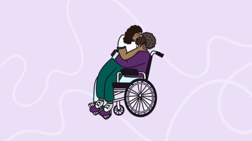 Two people kissing in a wheelchair