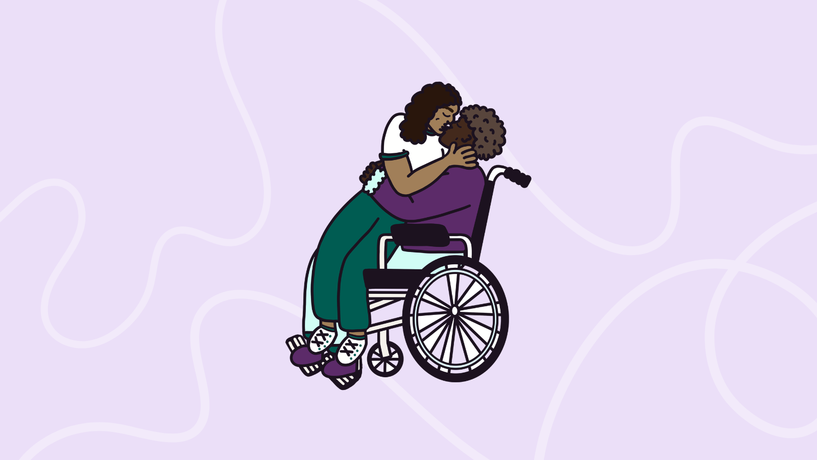 Two people kissing in a wheelchair