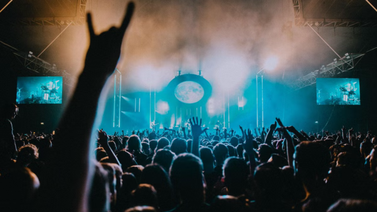 the back of a moshpit with a band on the stage under blue lights