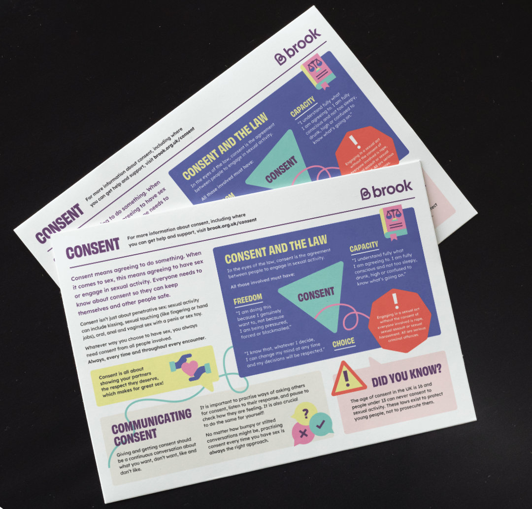 two flyers with lots of small text about Consent on it, sitting on a black surface