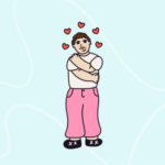 Illustration of a young person hugging themselves with hearts around them