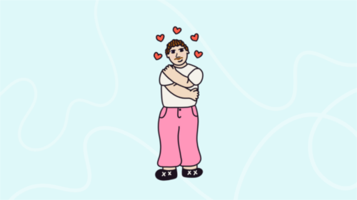 Illustration of a young person hugging themselves with hearts around them