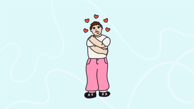Illustration of a young person hugging themselves with hearts around them