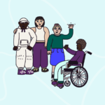 Illustration of a group of young people being friendly, hugging and waving at each other