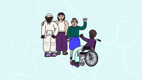 Illustration of a group of young people being friendly, hugging and waving at each other