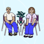 Cartoon drawing of 2 people sitting on chairs, one is upset