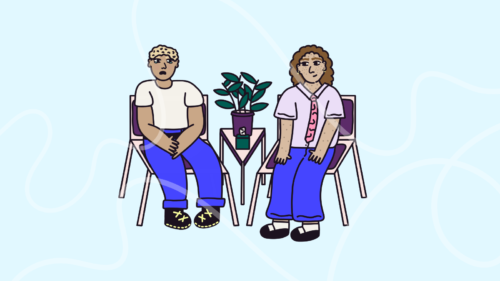 Cartoon drawing of 2 people sitting on chairs, one is upset