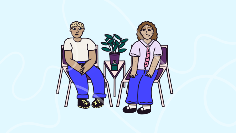 Cartoon drawing of 2 people sitting on chairs, one is upset